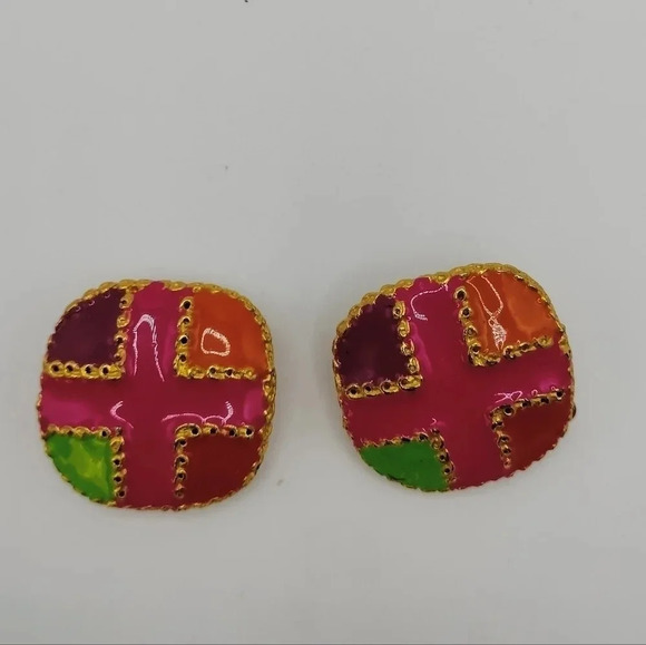 Gold Tone Fashion Multicolored Enamel Patchwork Abstract Art Pattern Earrings 1" - Picture 6 of 7